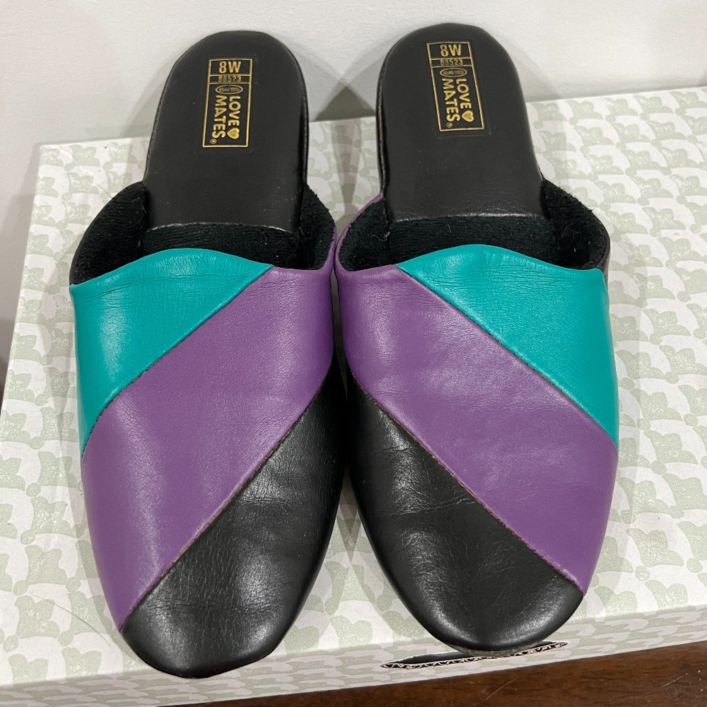 Vintage 80s Love Mates Purple Teal Black House Slippers Women's Size 8